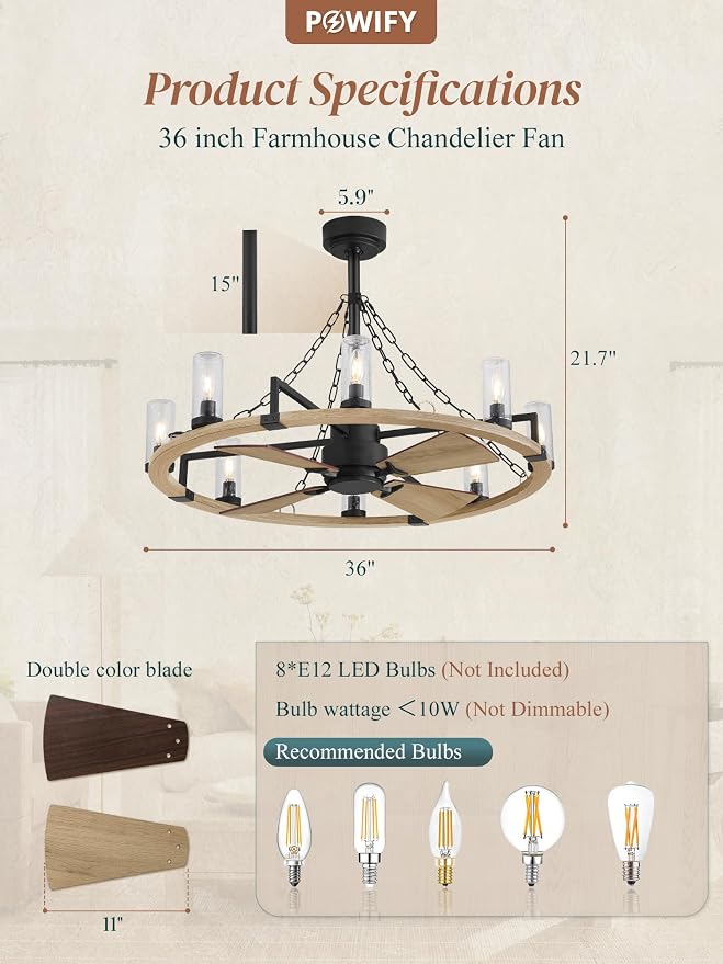 Wagon Wheel Rustic Chandelier Ceiling Fan with Light, 36 inch Farmhouse Caged Ceiling Fans, Dual Finish Blades, Wood Bladeless Fandelier Fan Lights Ceiling Fixtures for Bedroom Kitchen