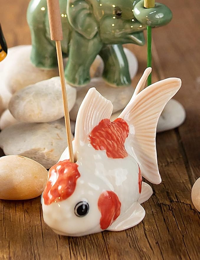 WitnyStore Tiny 2½" White Orange Oranda Goldfish Incense Holder Figurine - Miniature Hand Made Ceramic Ryukin Fantail Gold Fish Aquarium Animal Cute Porcelain Decorative Collectible Figure Décor Gifts