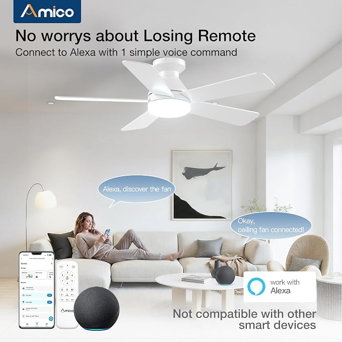 Amico 42 inch Smart Ceiling Fans with Lights, Small Low Profile Ceiling Fan, Remote/Alexa Voice Control, Flush Mount, Reversible DC Motor, 5 Blades, 6 Speeds, 3CCT, Dimmable, Noiseless, Bedroom, White