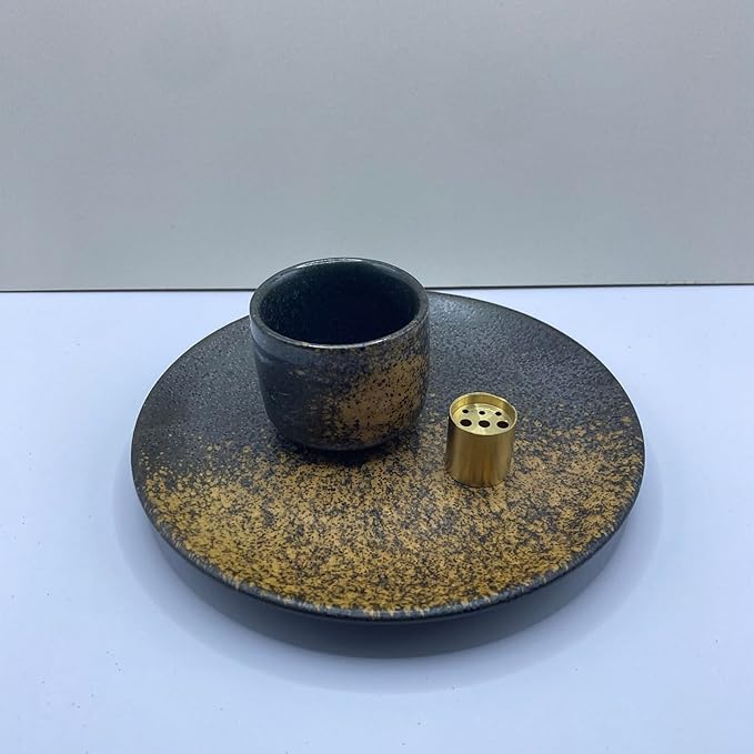 3 in 1 Incense and Candle Holder, Ceramic Palo Santo Burner Sage Burner, Multi Holes Brass Incense Stick Holder, 5.9” Ceramic Ash Catcher Tray, Incense Burner Set for Meditation