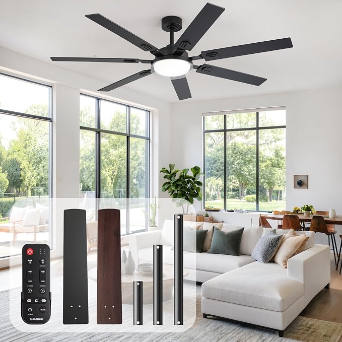 64 Inch Ceiling Fans with Lights and Remote,Living Room Office Library Cafe Outdoor, 5CCT Dimmable, Dual Color 7 Blades, 6 Speed Reversible Quiet DC Motor, Dual-Layer Shade, Black/Wood Grain