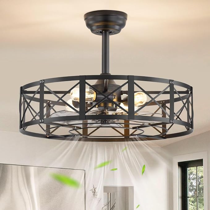 Fanbulous 23 Inch Fandelier Caged Ceiling Fans with Lights and Remote, Black Bladeless Ceiling Fan with 6 Speeds and Timing, Farmhouse Samll Fan Lights Ceiling Fixtures for Kitchen, Bedroom-Black
