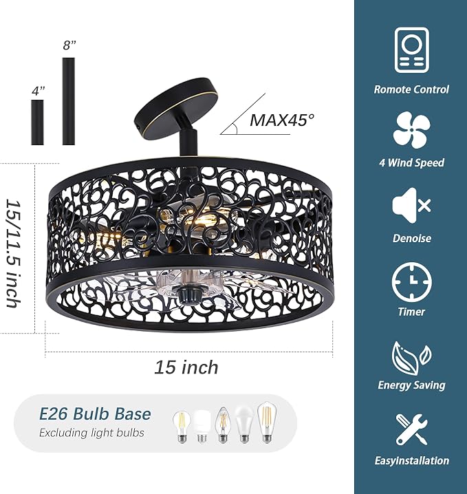 COCOSTAR Farmhouse Chandelier Ceiling Fans with Light:Caged Black Fandelier | Semi Flush Mount,Remote/APP,Sloped Ceiling,15" Rustic Fan with Small Light Fixtures for Living Dining Kitchen Bedroom Foyer