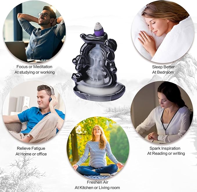 Waterfall Backflow Incense Burner Ceramic Incense Holder Incense Cone Holder Fountain Aromatherapy Home Decor Office Gifts(Calabash)