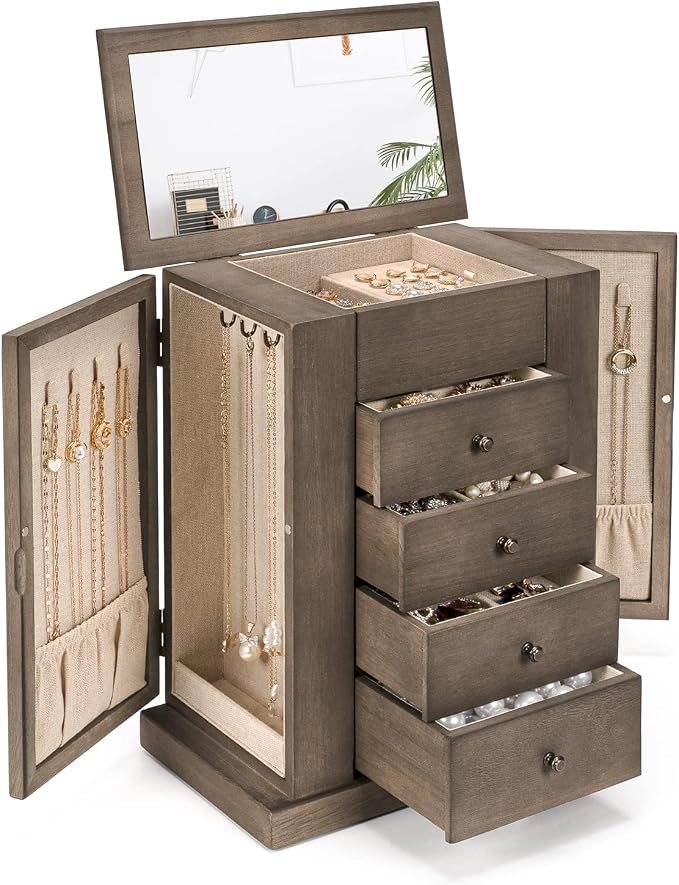 Emfogo Jewelry Box for Women, 5 Layer Large Wood Jewelry Boxes & Organizers for Necklaces Earrings Rings Bracelets, Rustic Jewelry Organizer Box with Drawers and Mirror(Weathered Gray)