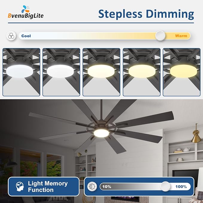 Large Ceiling Fans with Lights: Modern 66 Inch 8 Blade Outdoor Ceiling Fan with Remote APP Control - Dimmable Black Big Fan Light Indoor Reversible 6 Speed Quiet DC Motor