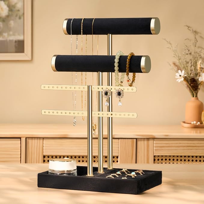 Jewelry Organizer Stand for Necklaces, Bracelets, Earrings, Rings, Black | 3 Tier Velvet Bracelet Holder Display | Jewelry Organizers and Storage | Jewelry Tree | Jewelry Towers