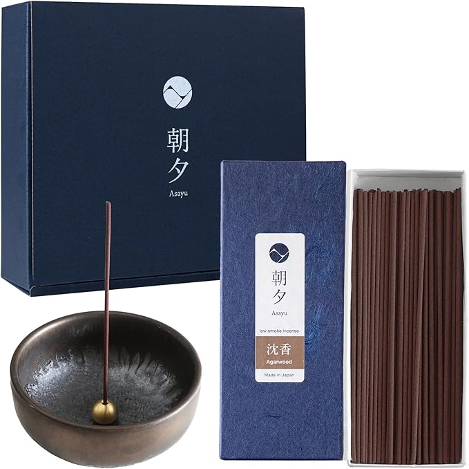 Asayu Japan Low Smoke Incense Gift Set with Incense Holder and Brass Stand, Agarwood Incense Sticks with Zen Holder