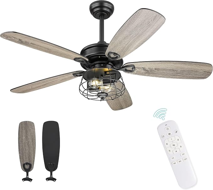 Melkelen Farmhouse Ceiling Fans, 52 Inch Ceiling Fans with Lights and Remote Control, Rustic Barnwood Blades, Industrial Cage Light, Matte Black (MK03-BK)