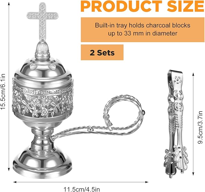 Zonon 2 Sets Incense Burner with Tong, Frankincense Charcoal Incense Stand Holder, Ideal for Yoga, Spa, Aromatherapy, Home and Christian Church Censer (Silver,Classic)