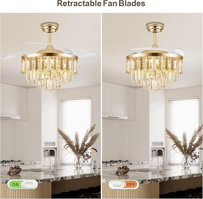 TXCSLY 42" Fandelier Ceiling Fan with Light, Crystal Chandelier Fan with Retractable Blades Dimmable Crystal Ceiling Fan Chandelier for Bedroom Living Room Dining Room-Gold