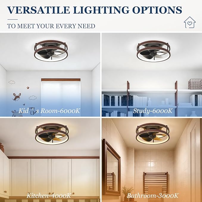 13 Inch Small Ceiling Fan with Light and Remote, Low Profile Flush Mount Fandelier, Dimmable 3CCT Quiet LED Ceiling Fans for Bedroom Iron Walnut