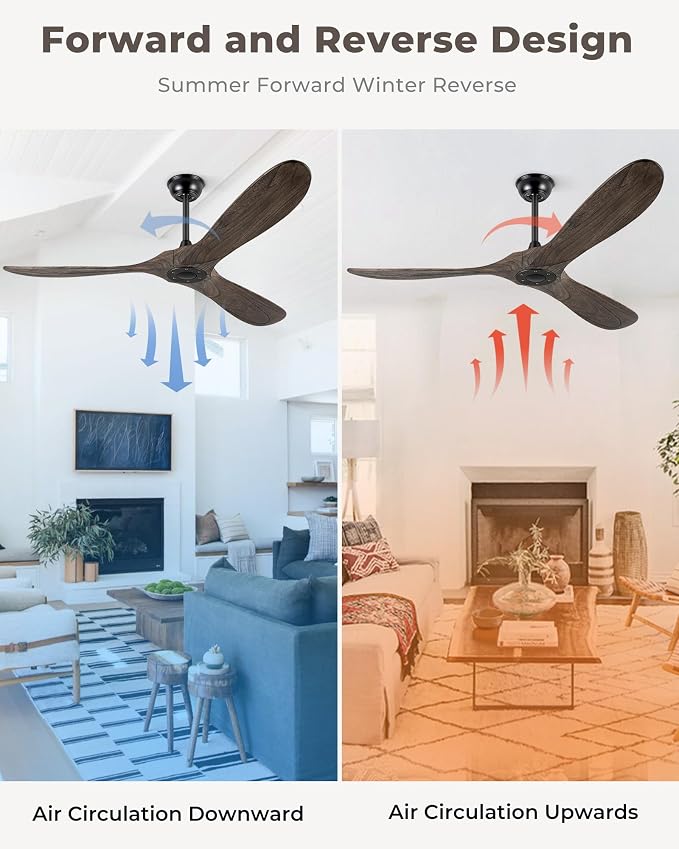 52" Ceiling Fans Without Light, Solid Wood Ceiling Fan with Remote Control and DC Motor, No Light, Modern Ceiling Fan with 3 Blades, Indoor Outdoor for Patios, Bedroom - Deep Brown