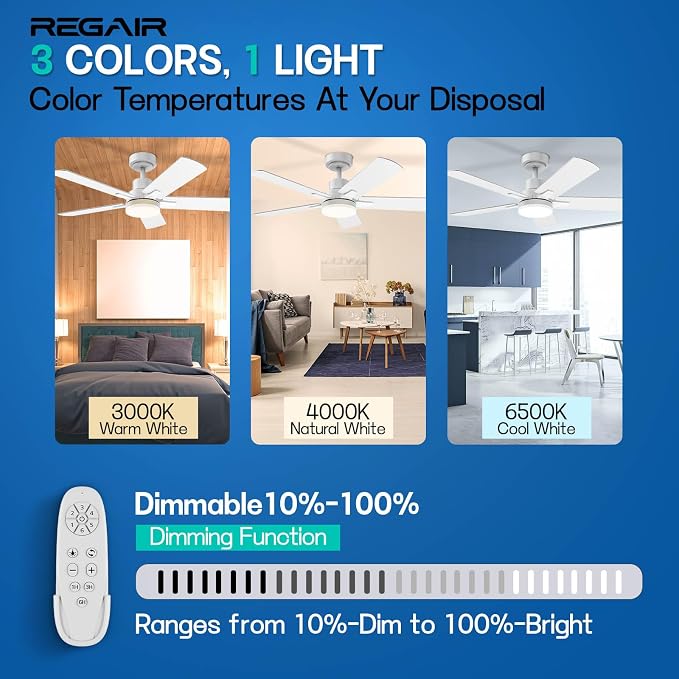 Ceiling Fan With Light 42-Inch, Remote Control Reversible DC Motors, 3CCT Dimmable Timer Noiseless, White Ceiling Fan for Bedroom Living Room, Indoor&Outdoor ETL Listed