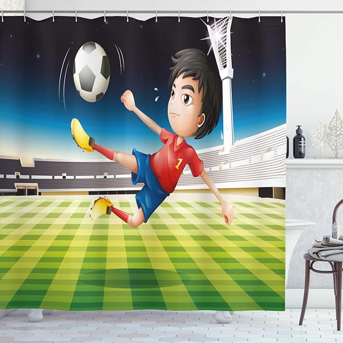 Ambesonne Sports Shower Curtain, Young Boy Playing Football in The Stadium Athlete Sports Soccer Championship Graphic, Cloth Fabric Bathroom Decor Set with Hooks, 69" W x 70" L, Yellow Green