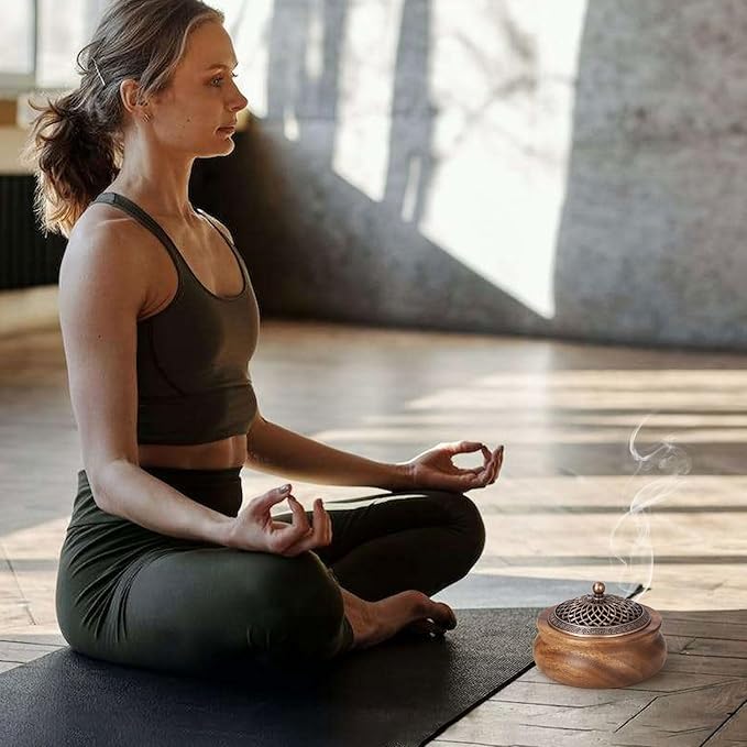 2 Pack Incense Cone Holder, Retro Wooden Cone Incense Burner Holder with Brass Cover, Vintage Bakhoor Burner for Sticks Coil, Frankincense Room Home Decor Yoga Spa Meditation (P)