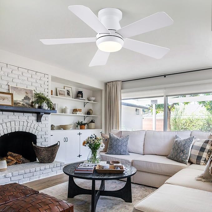 Hounberi 40" Low Profile Ceiling Fan with Light and Remote, Flush Mount White Modern Fan for Low Ceilings, Quiet Reversible Motor, 3-CCT Dimmable Lighting for Bedroom & Living Room