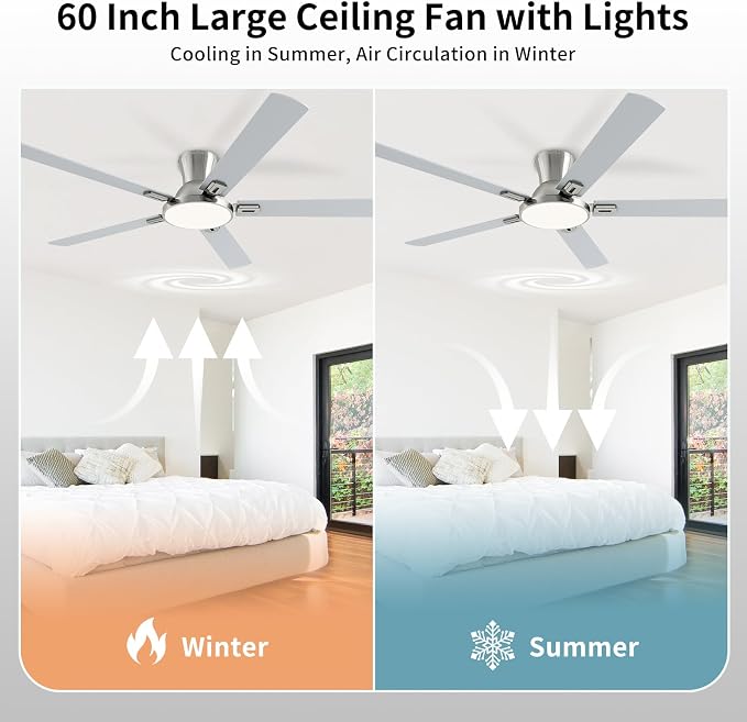 60 Inch Brushed Nickel Ceiling Fans with Lights and Remote, Flush Mount Low Profile 5 Blades Ceiling Fan with 10 Inch Lighting Fixture, Quiet Reversible DC Motor for Living Room, Bedroom and Patio
