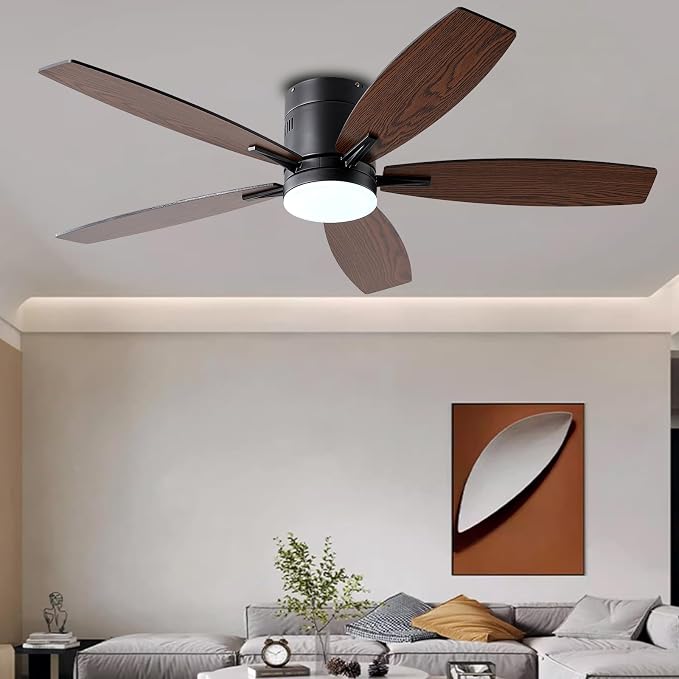 Ayaoty Ceiling Fans with Lights, 52" Low Profile Indoor Ceiling Fan with Light and Remote Control, Dimmable, Noiseless, Reversible, Brown Ceiling Fan for Bedroom, Indoor/Outdoor Use