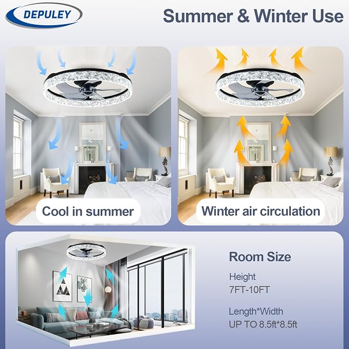 Depuley Bladeless Ceiling Fans with Lights: Full Package 20" Black Modern Low Profile Flush Mount Ceiling Fan with App&Remote - Bedroom Enclosed Crystal Fandelier for Apartment Loft Kitchen