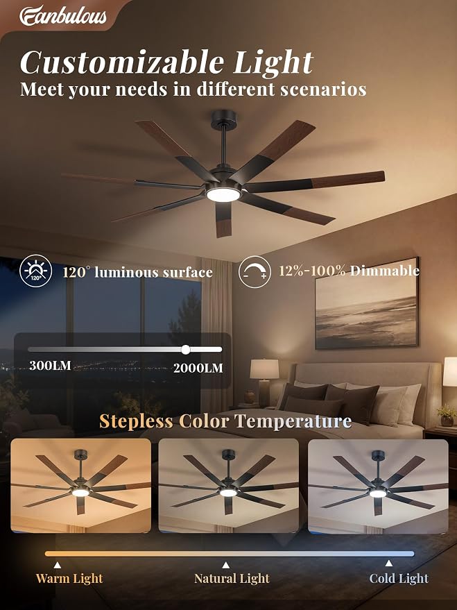 Fanbulous 66" Ceiling Fans with Lights and Remote, APP Control, Dimmable, 3CCT, Spliced Black & Wood Grain Farmhouse Ceiling Fan with DC Motor, Indoor/Outdoor Ceiling Fan for Living Room Patios