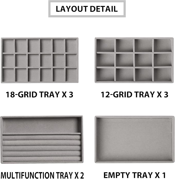 Frebeauty Jewelry Trays for Drawer,Set of 9 Jewelry Organizer and Storage | Velvet Material,Earring Holder Organizer,Stackable Jewelry Display for Vanity,Drawer Inserts for Rings,Studs,8.3×4.9 inch