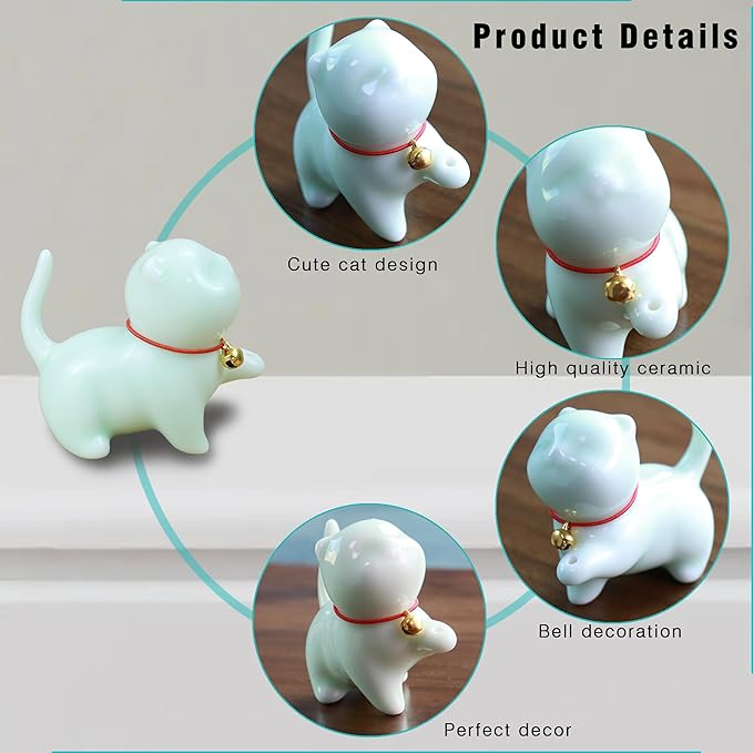 Cute Ceramic Cat Incense Stick Holder, Incense Burner Set, Large Beechwood Ash Catcher Copper Incense Stand Incense Sticks Brush, Meditation Yoga Massage Work Read Home Decor (A, B-Green)