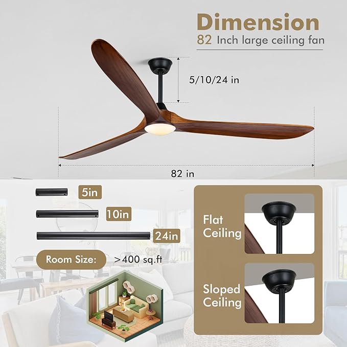 82 inch Large Ceiling Fan with Light, Outdoor Ceiling Fan for Patio with Light, Solid Wood Propeller Large Ceiling Fans with Lights, Quiet DC Motor High CFM for Patios Farmhouse Exterior