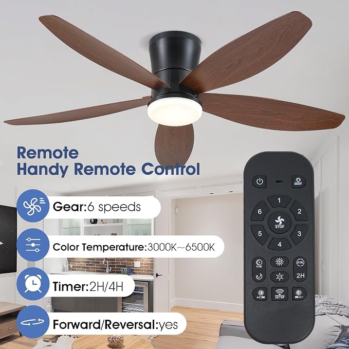 Surtime 48" Ceiling Fans with Lights-Low Profile Ceiling Fan with Light and Remote/APP Control,Flush Mount,LED Dimmable Modern Ceiling Fans for Bedroom,Indoor/Outdoor Patio Use(Brown)