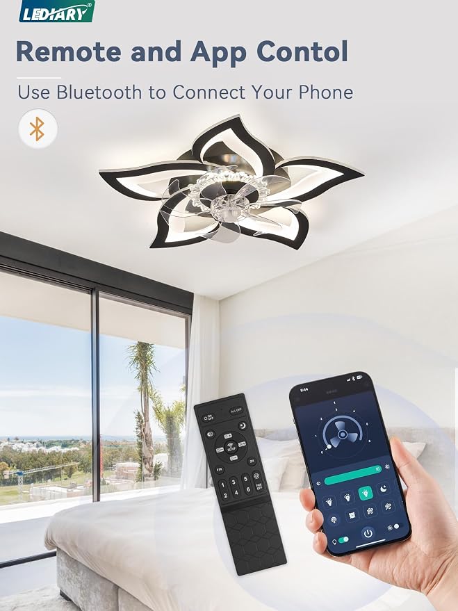 LEDIARY Flower Ceiling Fans with Lights, Black Small Modern Low Profile Ceiling Fan, Dimmable LED Ceiling Light Fixture, Flush Mount Ceiling Fans with Remote for Bedroom, Kitchen, Indoor-27 Inch