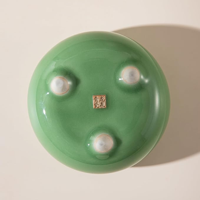 Ceramic Incense Holder,Celadon Green Porcelain Three Legs Two Ears Joss Sticks Incense Burner with 9 Incense Holes (Green)