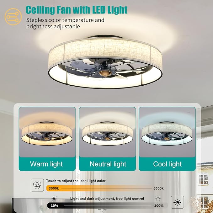 19.6" Flush Mount Caged Ceiling Fan with Light and Remote,Boho Farmhouse Bladeless Fabric Design, Dimmable LED 3 Colors,6 Speeds, Low Profile fandaliers Ceiling Fan for Bedroom Living Room