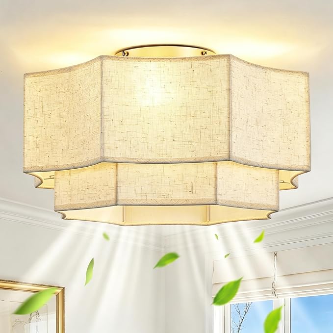 RUIYEY Remote Ceiling Fans with Lights: 20" 2-Tier Fabric Caged Flush Mount Ceiling Fan, 7 Blades 6 Speeds DC Reversible E26 4 Light Modern Low Profile Fandelier for Bedroom Kitchen Living Room