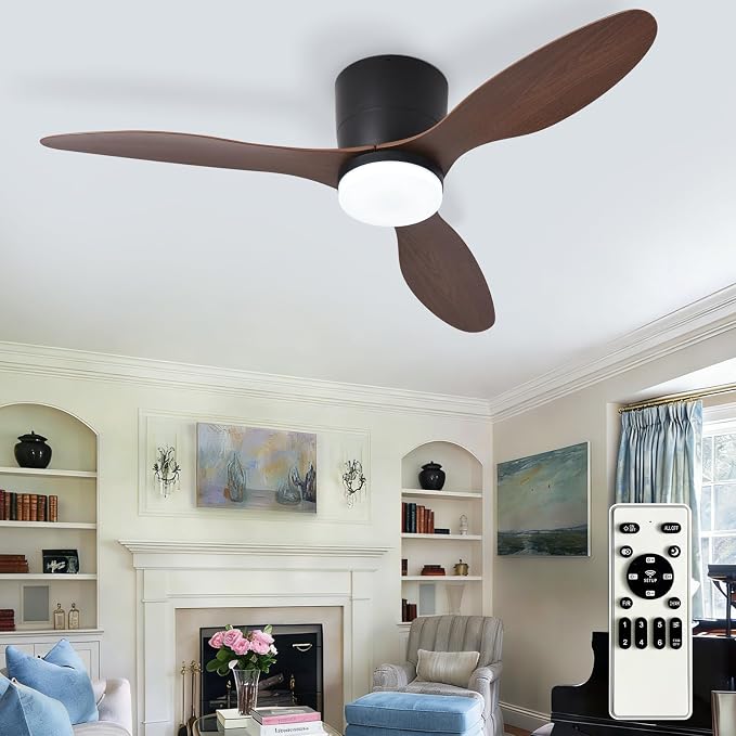 Depuley Flush Mount Ceiling Fan: 42-Inch Black Ceiling Fans with Lights for Bedroom Indoor Outdoor - Low Profile Ceiling Fans with Remote Control 24W 3CCT Dimmable 3 Reversible Walnut Blades 6 Speeds