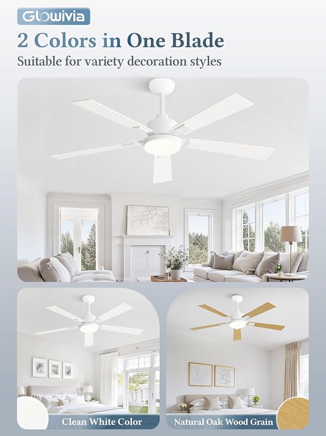 52 Inch Ceiling Fans with Lights and Remote&APP Control, White Smart Ceiling Fan with 3000-6000K Dimmable, 10 Speeds Quiet Reversible Motor, Indoor/Outdoor Ceiling Fan for Bedroom Living Room