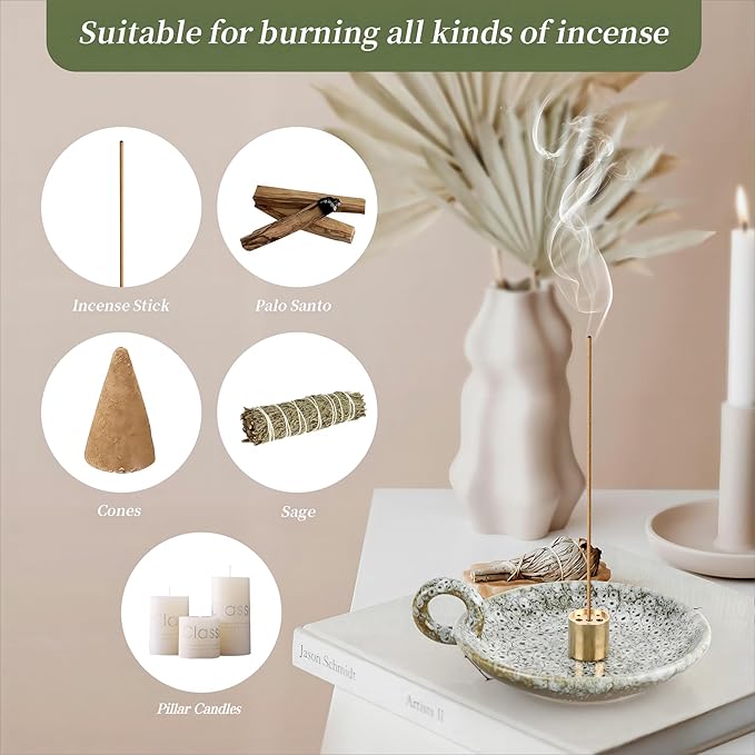 Generic 5 in 1 Ceramic Incense Holder Ash Catcher, Multi-Funtional Palo Santo Holder for Sage Sticks Cones Candle, Ideal for Meditation, Relaxing, Easy to Clean（Green