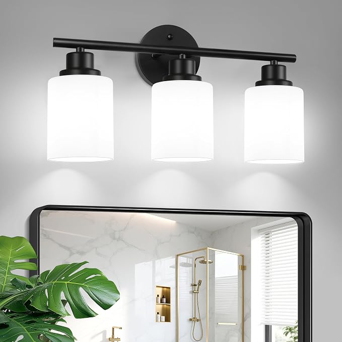 Unicozin 3 Light Bathroom Light Fixtures, Modern Vanity Lights with Milky Glass Shade, Black Wall Lamp Over Mirror for Bathroom, Living Room, Cabinet, Bedroom, E26 Base