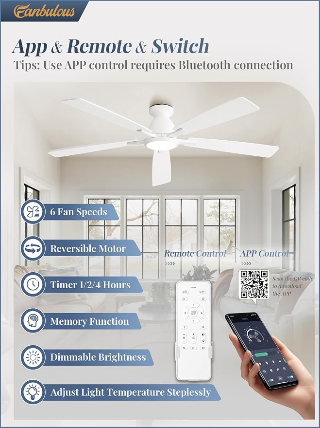 Fanbulous 60 inch Ceiling Fans with Lights, Smart Flush Mount Ceiling Fan and Remote APP, Modern Low Profile, 3CCT 20W LED with 6-Speeds Quiet Reversible Motor for Bedroom, Living Room, Kitchen, White