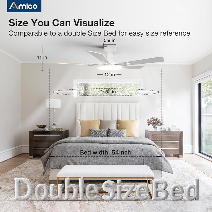Amico Ceiling Fans with Lights, 52'' Smart RGB Ceiling Fan with Remote/APP/Alexa Control, Flush Mount, Reversible DC Motor, 5 Blades, 6 Speeds, 3CCT, Dimmable, Noiseless, Bedroom, Living Room, White