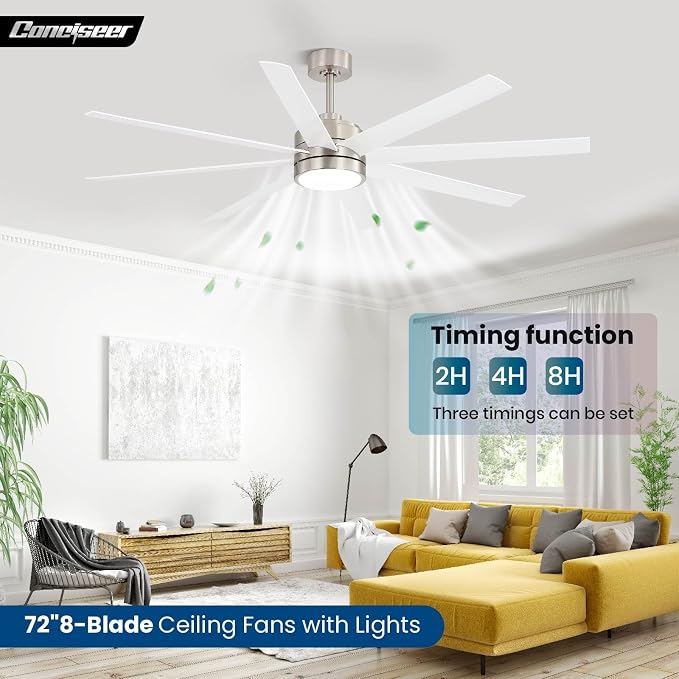 Conciseer 72 Inch Ceiling Fans with Lights and Remote for Bedroom Living Room Kitchen Library Cafe Outdoor/Industrial Use, 3CCT Dimmable, 8 Blades 6 Speed Reversible Quiet DC Motor, Sand-nickel/White