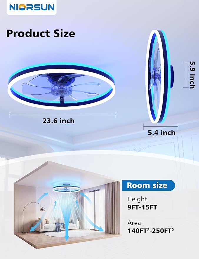 NIORSUN RGB Ceiling Fans with Lights and Remote, Modern Smart LED Ceiling Fans Light, 6 Speeds & 3000K-6500K Dimmable, Quiet Bladeless Fandelier Ceiling Fan with Light for Bedroom(24Inch, Black)