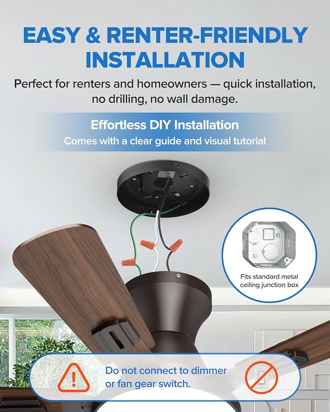 UME 42" Ceiling Fan with Lights & Remote, 6 Blades Low Profile Ceiling Fan, Quiet DC Motor, Natural Wind, 6 Speeds, 3CCT Dimmable 20W LED Modern Ceiling Fan for Bedroom, Living Room, Brown