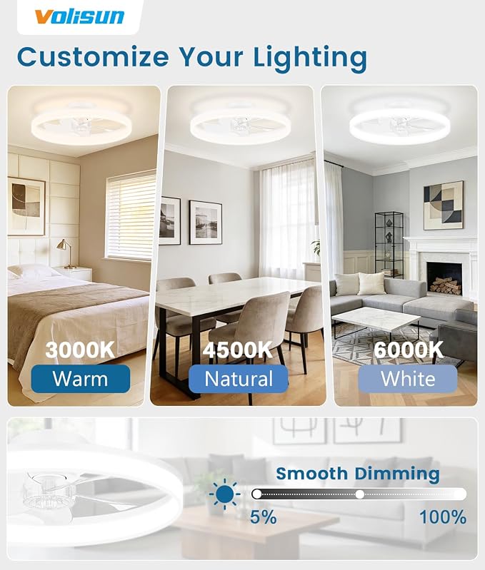 VOLISUN Low Profile Ceiling Fans with Lights and Remote, 20in Fandelier Ceiling Fan Flush Mount, 3000K-6500K Smart Bladeless LED Fan Light, White Modern Ceiling Fans with Lights for Bedroom