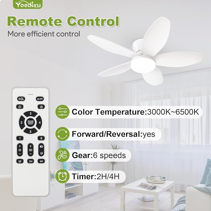 Small Ceiling Fans, 35 Inch Low Profile Ceiling Fan White Flush Mount Ceiling Fans with Lights and Remote,with 5 Reversible Blades 6 Wind Speeds, Modern Ceiling Fan for Bedroom Kitchen
