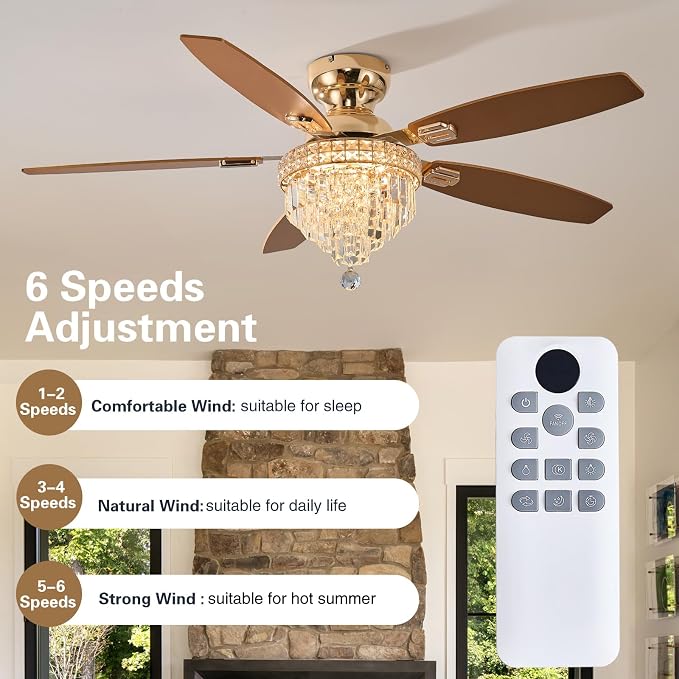 Crystal Ceiling Fan Fandelier with Lights-Ceiling Fans with Lights,54" Low Profile and Remote Control, Flush Mount, Reversible, Dimmable, Noiseless,Gold Ceiling Fan for Bedroom