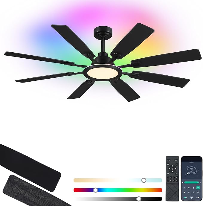 Ceiling Fan With Light & Remote Indoor/Outdoor Use 60 Inch RGB Black | Remote Control,RGB Dimmable,Reversible DC Motor,3CCT,Timer,Noiseless,Ceiling Fan for Bedroom Living Room