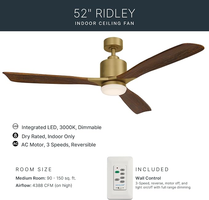 Kichler Ridley II 52" Ceiling Fan and Light Kit in Natural Brass, 3-Blade LED Ceiling Fan in Cherry Finish, 3000K, (52" W x 14.5" H), 300027NBR