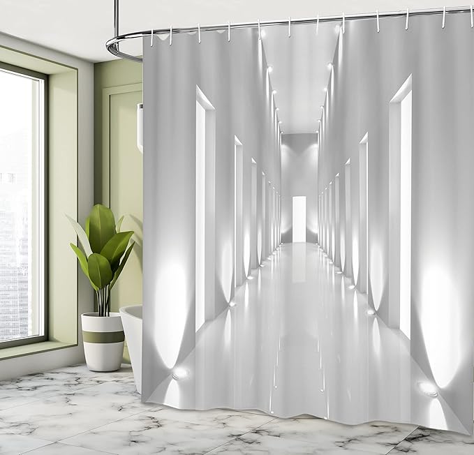 Ambesonne Modern Shower Curtain, Pattern of a Long Corridor in a Modern Office Building with a Contemporary Artwork, Cloth Fabric Bathroom Decor Set with Hooks, 69" W x 84" L, White Grey