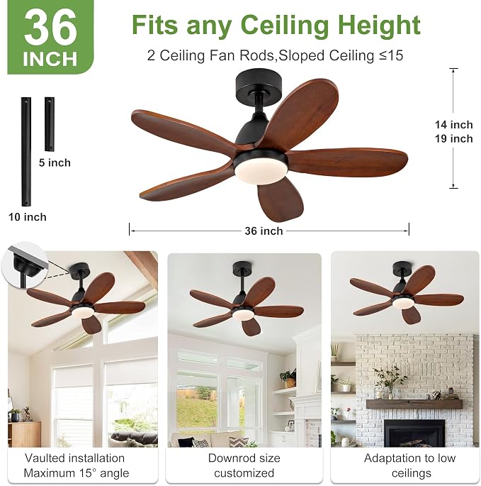 36 Inch Solid Wood Ceiling Fans With Lights, Remote Control, Dimmable, Reversible, Wood Blades, Power-Off Memory, Quiet DC Motor, Indoor/Oudoor Ceiling Fan with Light for Patio