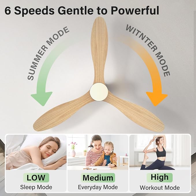 52" Wood Ceiling Fans with Lights Remote,Smart Control via Voice Alexa APP,Quiet DC Motor,Flush Mount Modern Ceiling Fan for Low Profile Living Room,Patio,White& Light Natural Wood,Outoor Indoor,Dim